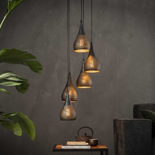 Hanglamp Punch Druppel Getrapt Zwart Bruin - 5 lampen - Afbeelding 9